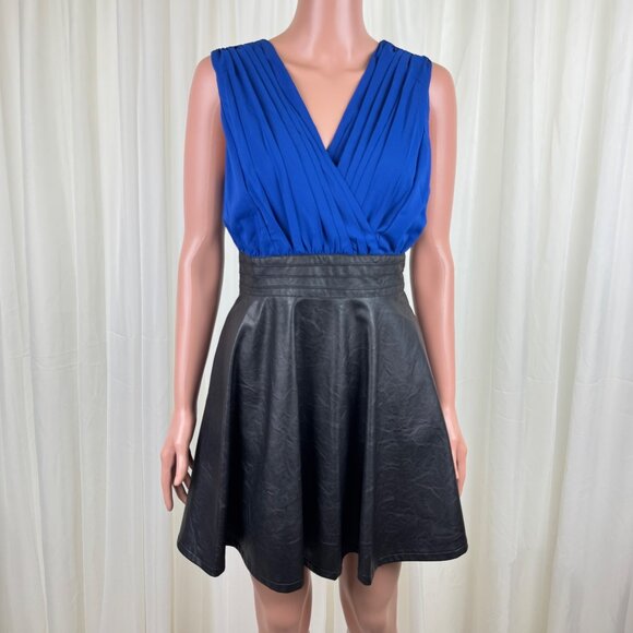 Double Zero Faux Leather V-Neck Fit Flare Mini Dress Sz Small Junior Blue/Black - Picture 1 of 12